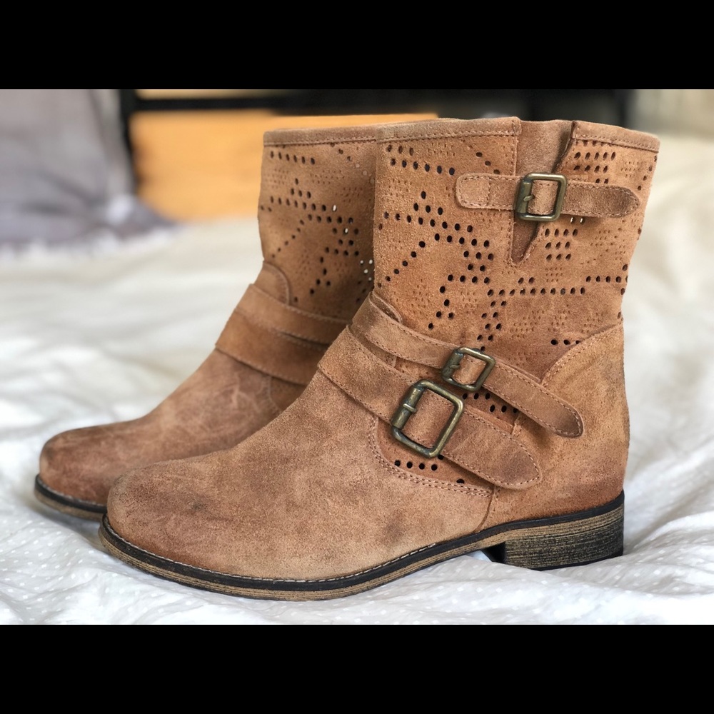 MTNG Hydra Wax Brown Suede Perforated Moto Ankle Boots - made in Spain, size 39